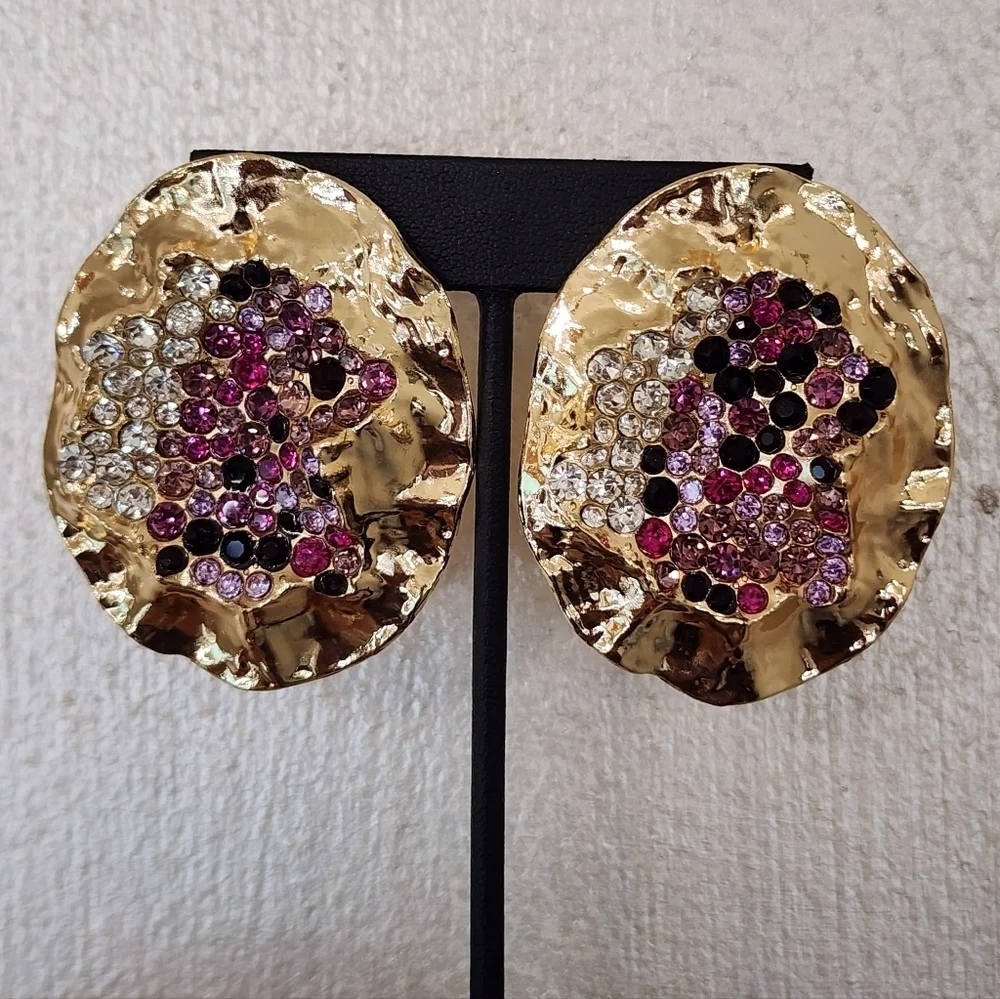 Oval Rhinestone Stud Gold texture and Purple Statement Earrings